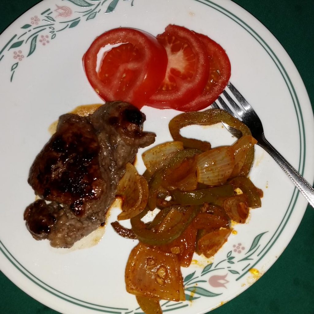 fajita vegetables with grilled steak